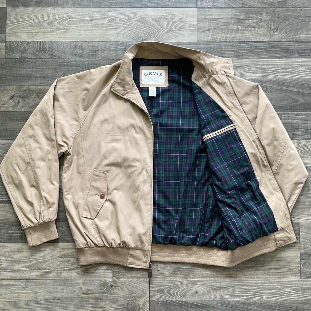 Orvis Harrington Jacket Mens LARGE Khaki Tan Plaid Lined Full Zip Bomber